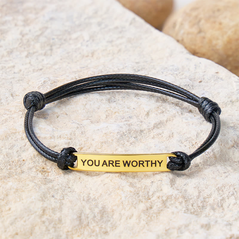 FuAttract You Are Worthy Stainless Steel Engraved Waxed Cord Bracelet - Black - Gold - image 0