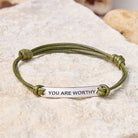 FuAttract You Are Worthy Stainless Steel Engraved Waxed Cord Bracelet - Olive Green - Silver - image 9