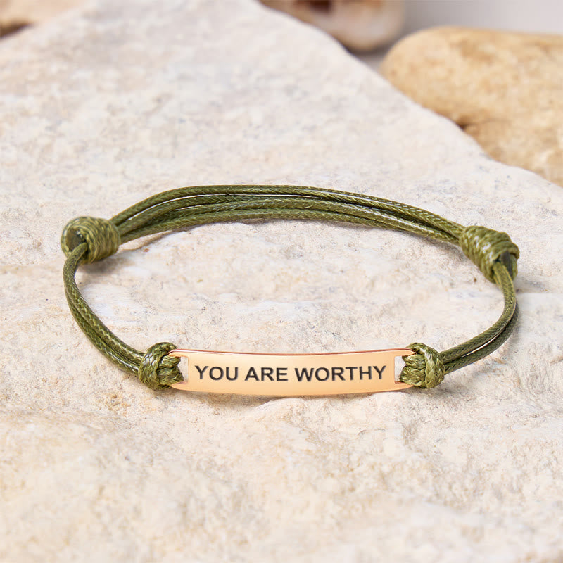 FuAttract You Are Worthy Stainless Steel Engraved Waxed Cord Bracelet - Olive Green - Rose Gold - image 10