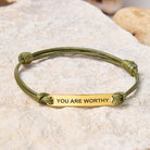 FuAttract You Are Worthy Stainless Steel Engraved Waxed Cord Bracelet - Olive Green - Gold - image 8