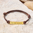 FuAttract You Are Worthy Stainless Steel Engraved Waxed Cord Bracelet - Dark Brown - Gold - image 11