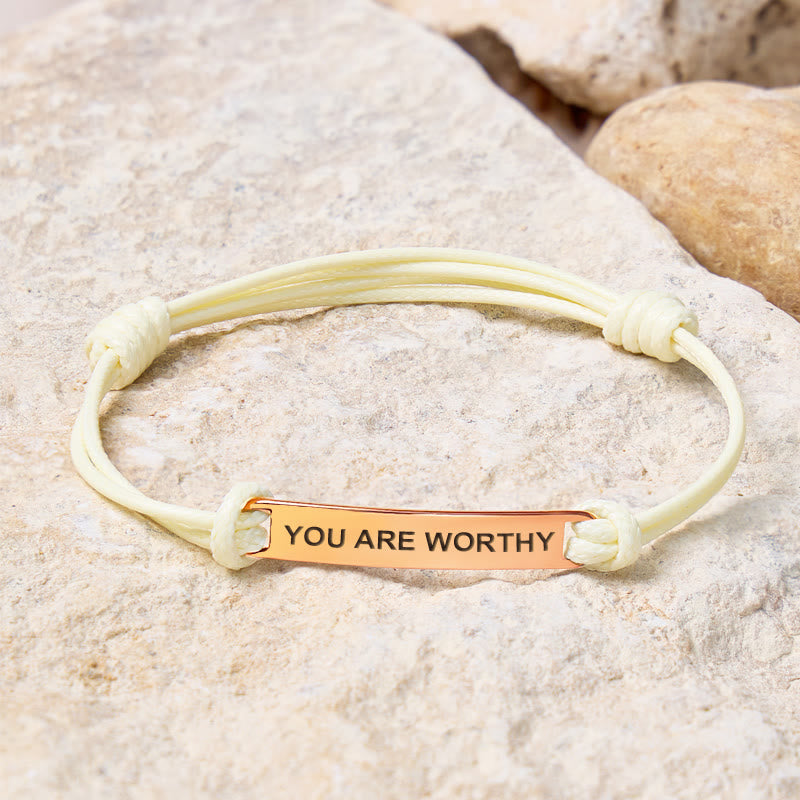 FuAttract You Are Worthy Stainless Steel Engraved Waxed Cord Bracelet - Cream White - Rose Gold - image 22