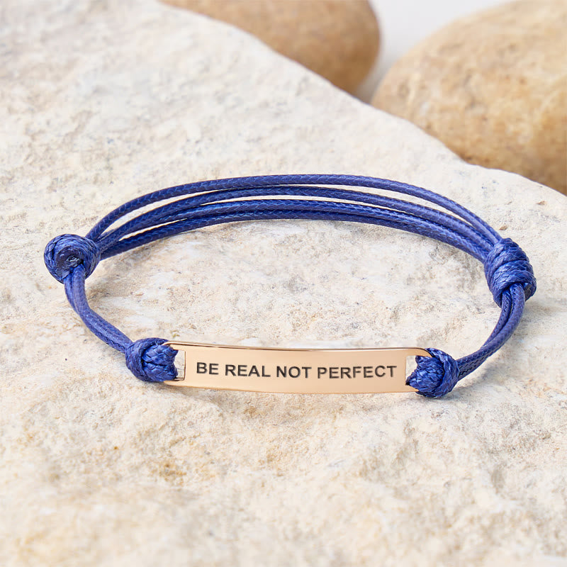 FuAttract Be Real Not Perfect Stainless Steel Engraved Waxed Cord Bracelet - Navy Blue - Rose Gold - image 4