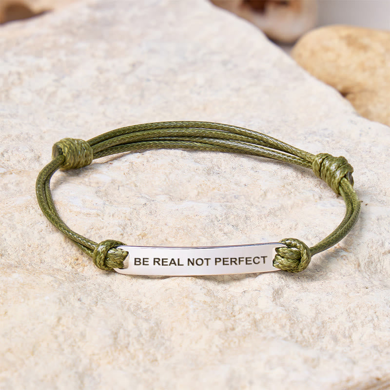 FuAttract Be Real Not Perfect Stainless Steel Engraved Waxed Cord Bracelet - Olive Green - Silver - image 10