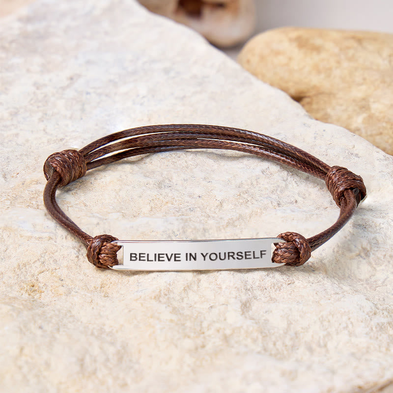 FuAttract Believe In Yourself Stainless Steel Engraved Waxed Cord Bracelet - Dark Brown - Silver - image 11