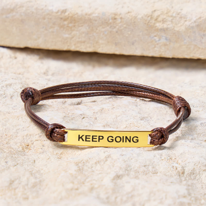 FuAttract Keep Going Stainless Steel Engraved Waxed Cord Bracelet - Dark Brown - Gold - image 0