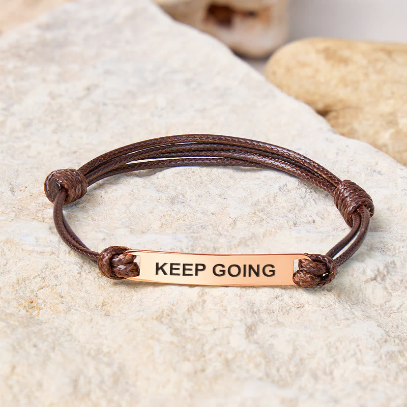 FuAttract Keep Going Stainless Steel Engraved Waxed Cord Bracelet - Dark Brown - Rose Gold - image 4