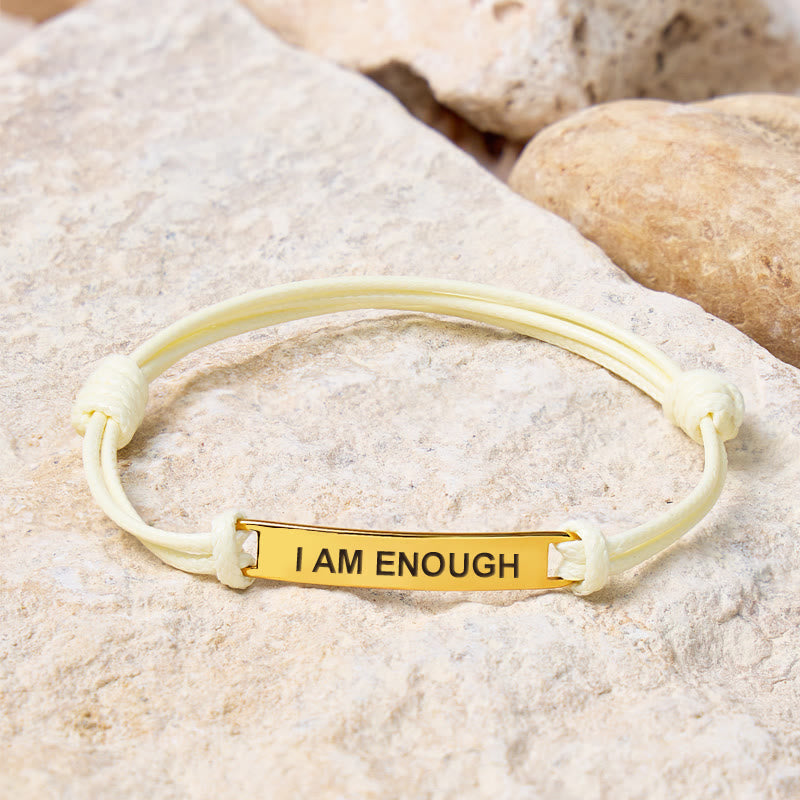 FuAttract I Am Enough Stainless Steel Engraved Waxed Cord Bracelet - Cream White - Gold - image 20