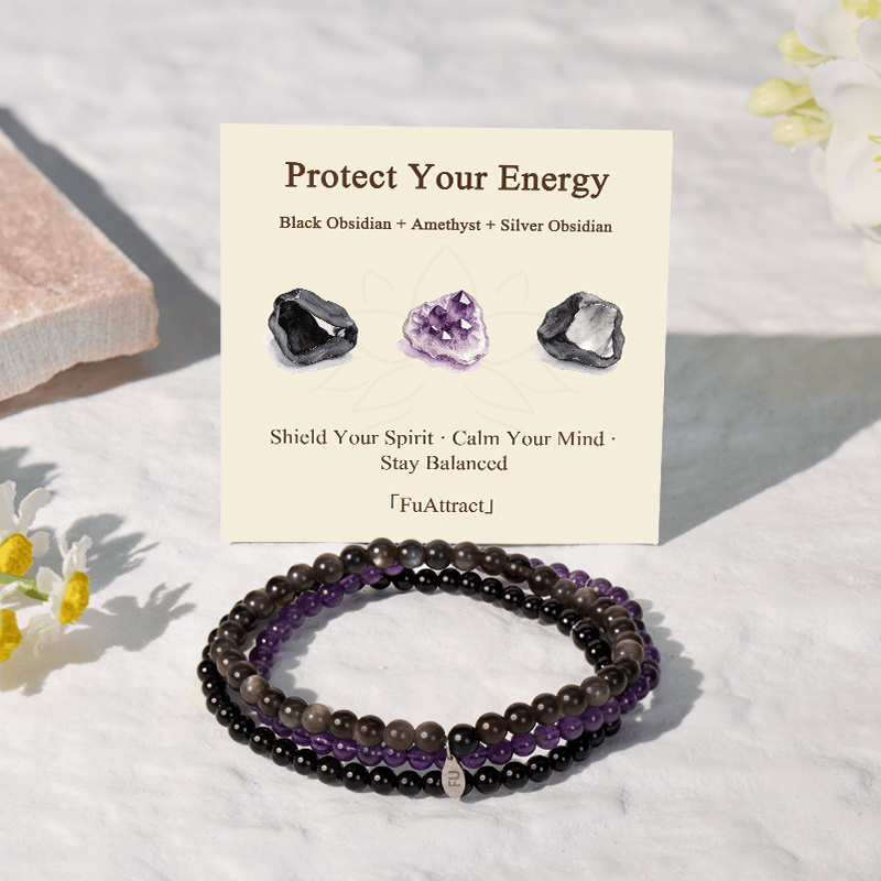 FuAttract Protect Your Energy 3-Piece Stone Bracelet Set with Gift Message Card - image 1