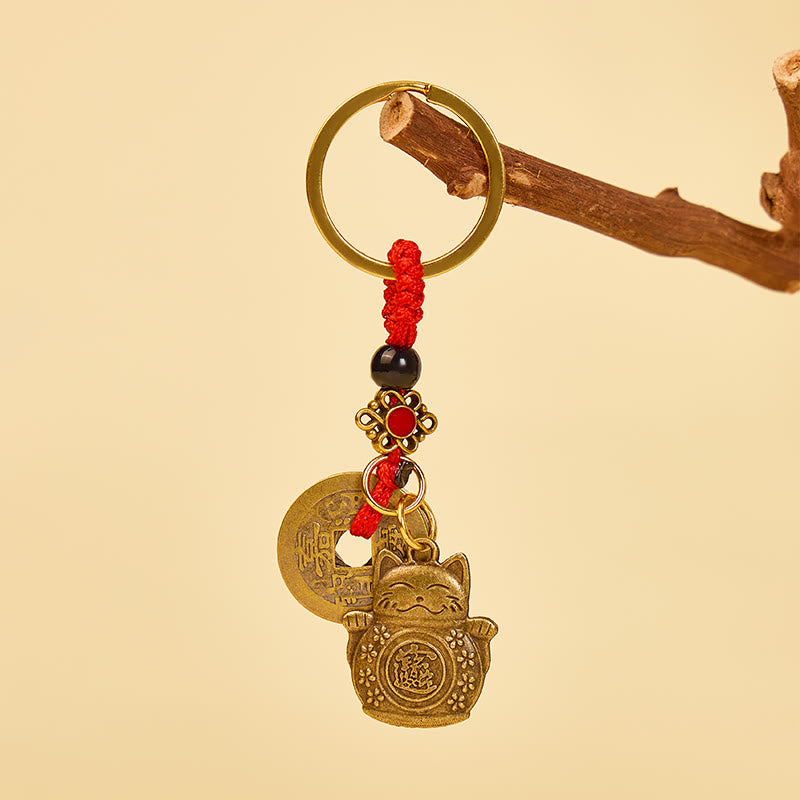 FuAttract Luck Wealth & Protection Copper  Vintage Keychain with Maneki Neko and Five Emperor Coins - image 2