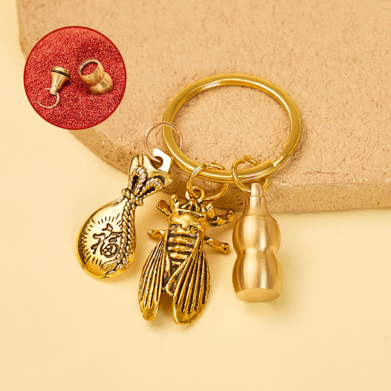 FuAttract Wealth Luck & Prosperity Brass Golden Cicada Fortune Bag Calabash Keychain - Brass - image 0