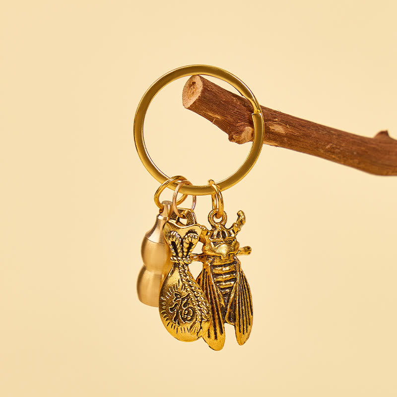 FuAttract Wealth Luck & Prosperity Brass Golden Cicada Fortune Bag Calabash Keychain - image 2