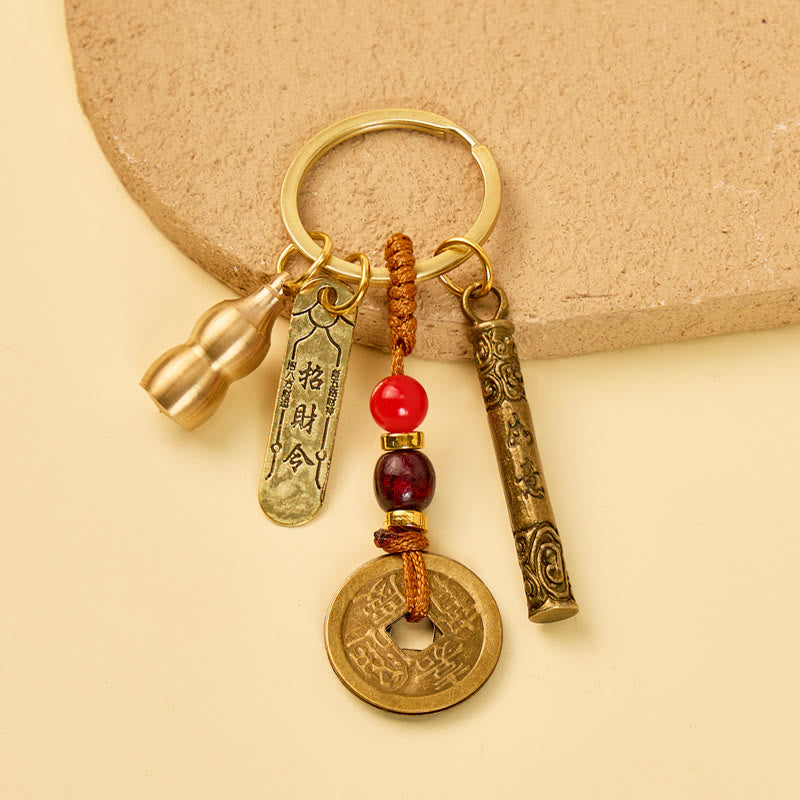 FuAttract Wealth Luck & Protection Ruyi Golden Cudgel Wealth Token Keychain With Five Emperor Coins And Calabash - Keychain - image 0