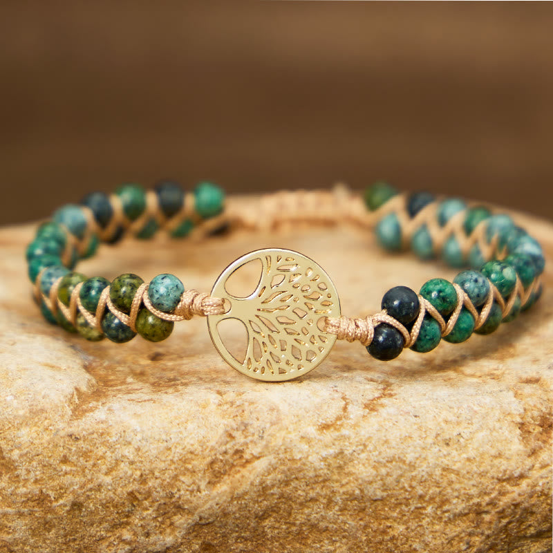 FuAttract Growth Balance & Connection Handmade Woven Tree of Life Bohemian Bracelet - African Turquoise - Golden - image 0