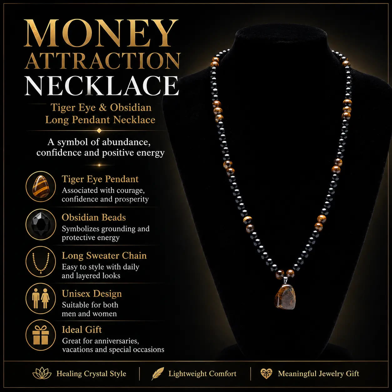 FuAttract Black Obsidian Green Aventurine & Tiger's Eye Necklace – Protection Growth & Courage  - image 9
