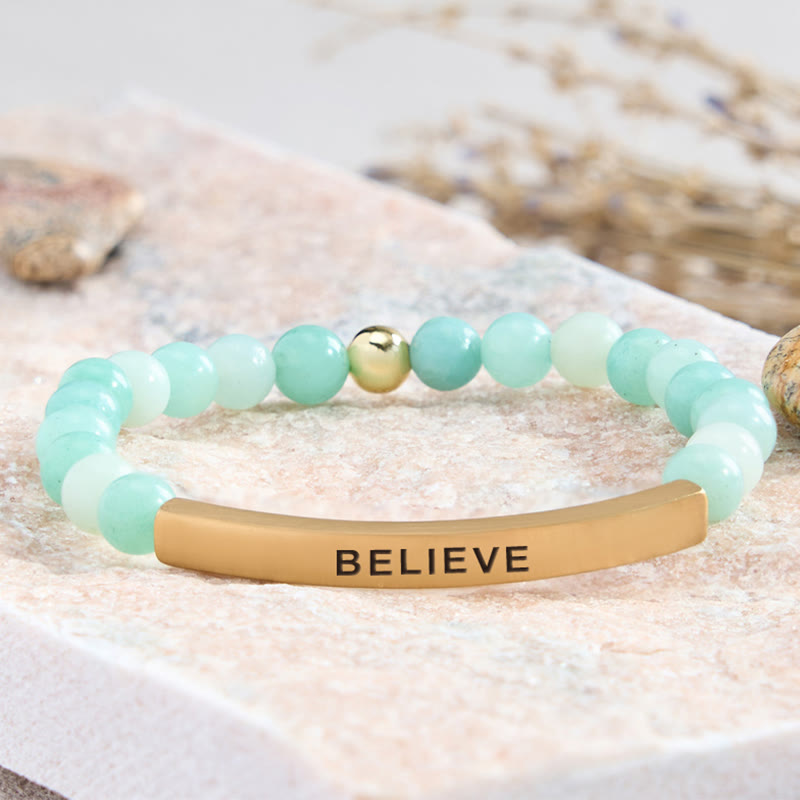 FuAttract Balance Confidence & Harmony Amazonite Stainless Steel Tube Believe Engraved Bracelet - Amazonite - Gold - image 3
