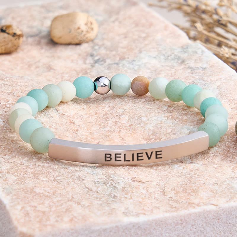 FuAttract Balance Confidence & Harmony Amazonite Stainless Steel Tube Believe Engraved Bracelet - Matt Amazonite - Silver - image 5