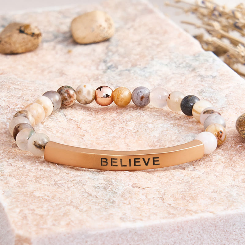 FuAttract Balance Confidence & Harmony Amazonite Stainless Steel Tube Believe Engraved Bracelet - Bamboo Leaf Agate - Rose Gold - image 16