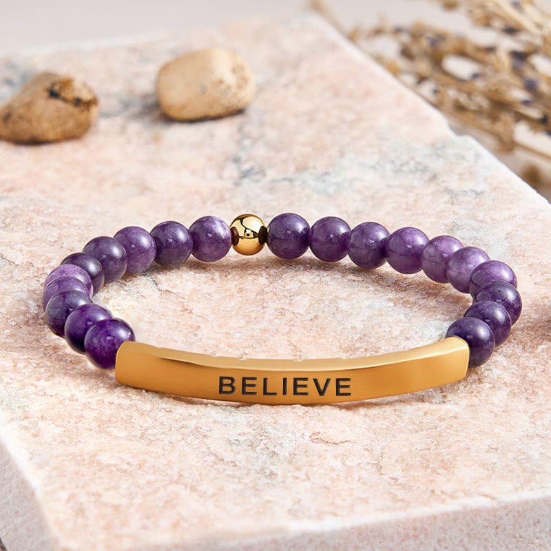 FuAttract Balance Confidence & Harmony Amazonite Stainless Steel Tube Believe Engraved Bracelet - Amethyst - Gold - image 23