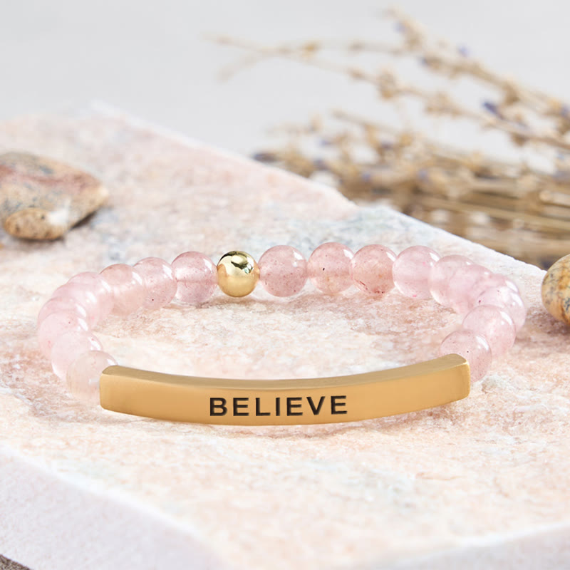 FuAttract Balance Confidence & Harmony Amazonite Stainless Steel Tube Believe Engraved Bracelet - Strawberry Quartz - Gold - image 27