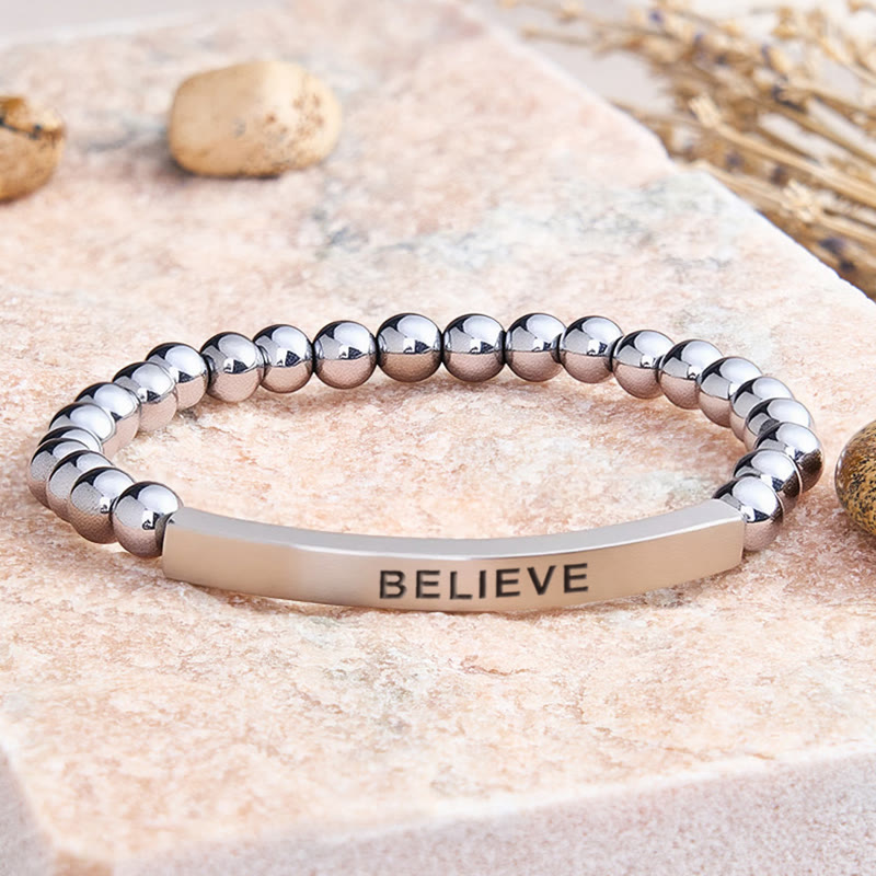 FuAttract Balance Confidence & Harmony Amazonite Stainless Steel Tube Believe Engraved Bracelet - Hematite - Silver - image 34