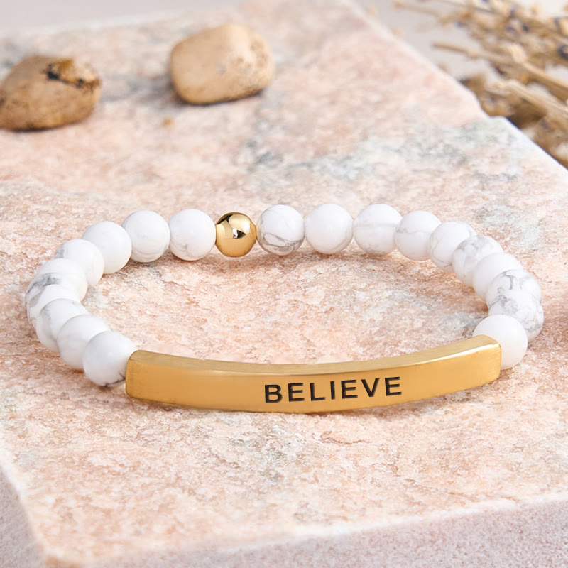 FuAttract Balance Confidence & Harmony Amazonite Stainless Steel Tube Believe Engraved Bracelet - White Turquoise - Gold - image 47