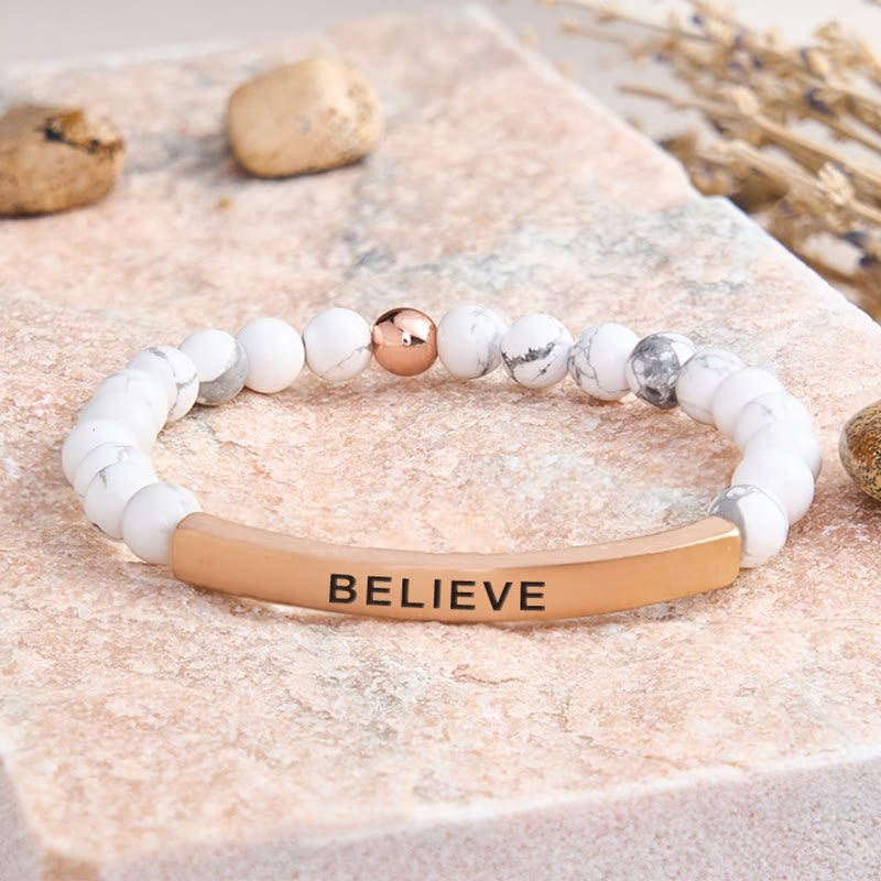 FuAttract Balance Confidence & Harmony Amazonite Stainless Steel Tube Believe Engraved Bracelet - White Turquoise - Rose Gold - image 48