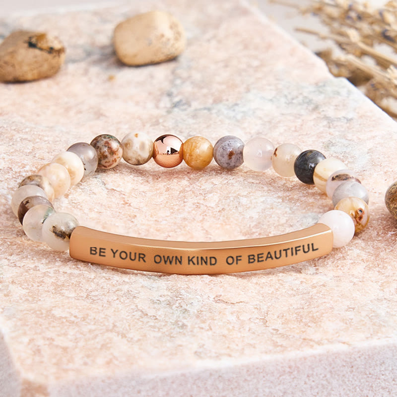 FuAttract Self Love & Confidence Bamboo Leaf Agate Tube Engraved Be Your Own Kind Of Beautiful Bracelet - Bamboo Leaf Agate - Rose Gold - image 0