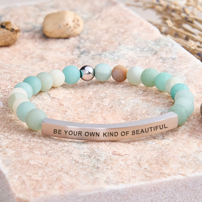 FuAttract Self Love & Confidence Bamboo Leaf Agate Tube Engraved Be Your Own Kind Of Beautiful Bracelet - Matt Amazonite - Silver - image 11