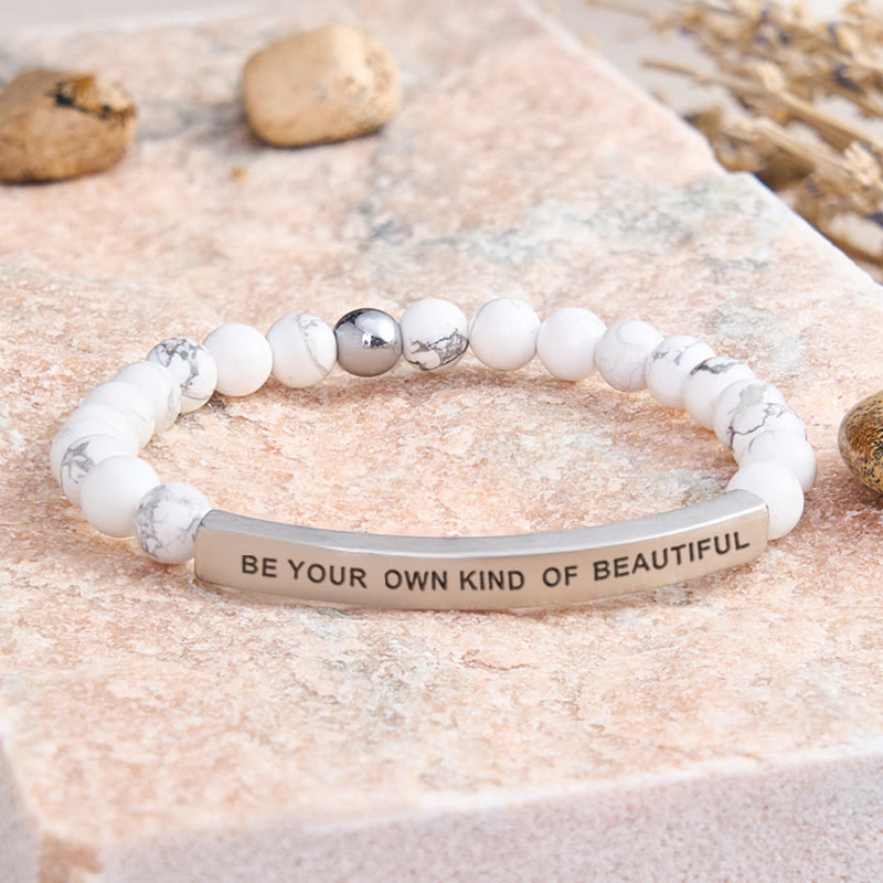 FuAttract Self Love & Confidence Bamboo Leaf Agate Tube Engraved Be Your Own Kind Of Beautiful Bracelet - White Turquoise - Silver - image 47