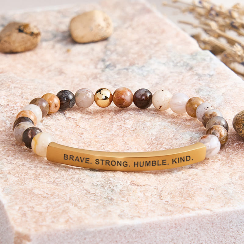 FuAttract Brave Strong Humble Kind Amazonite Tube Engraved  Bracelet - Bamboo Leaf Agate - Gold - image 15