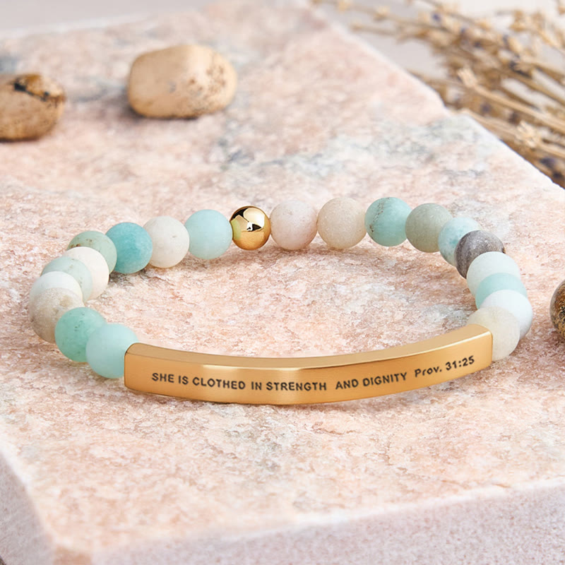 FuAttract She Is Clothed In Strength And Dignity Prov 31:25 Moonstone Tube Engraved  Bracelet - Matt Amazonite - Gold - image 11