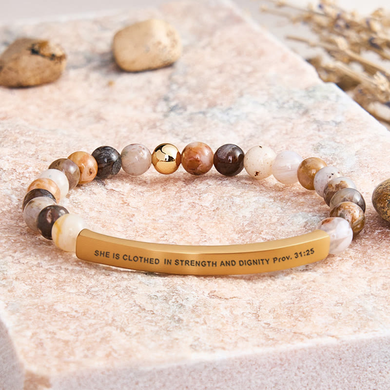 FuAttract She Is Clothed In Strength And Dignity Prov 31:25 Moonstone Tube Engraved  Bracelet - Bamboo Leaf Agate - Gold - image 19