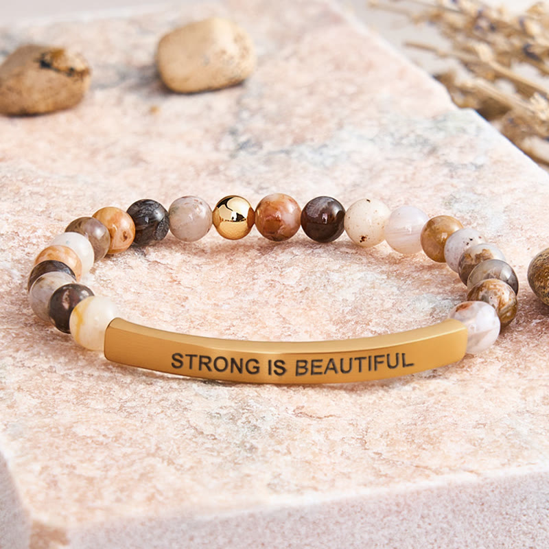 FuAttract Strong Is Beautiful Bamboo Leaf Agate Tube Engraved Bracelet - Bamboo Leaf Agate - Gold - image 2