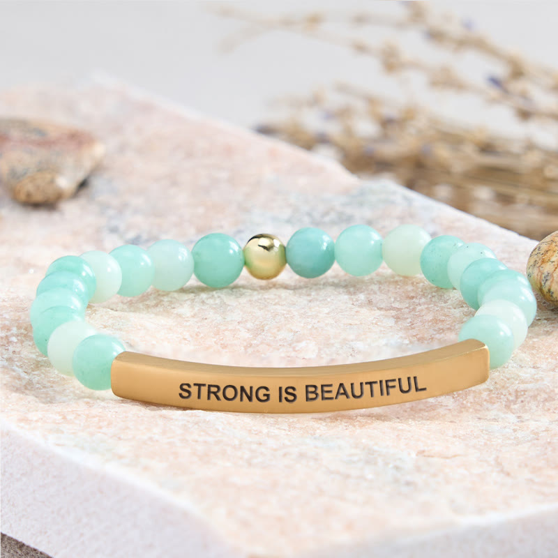 FuAttract Strong Is Beautiful Bamboo Leaf Agate Tube Engraved Bracelet - Amazonite - Gold - image 7