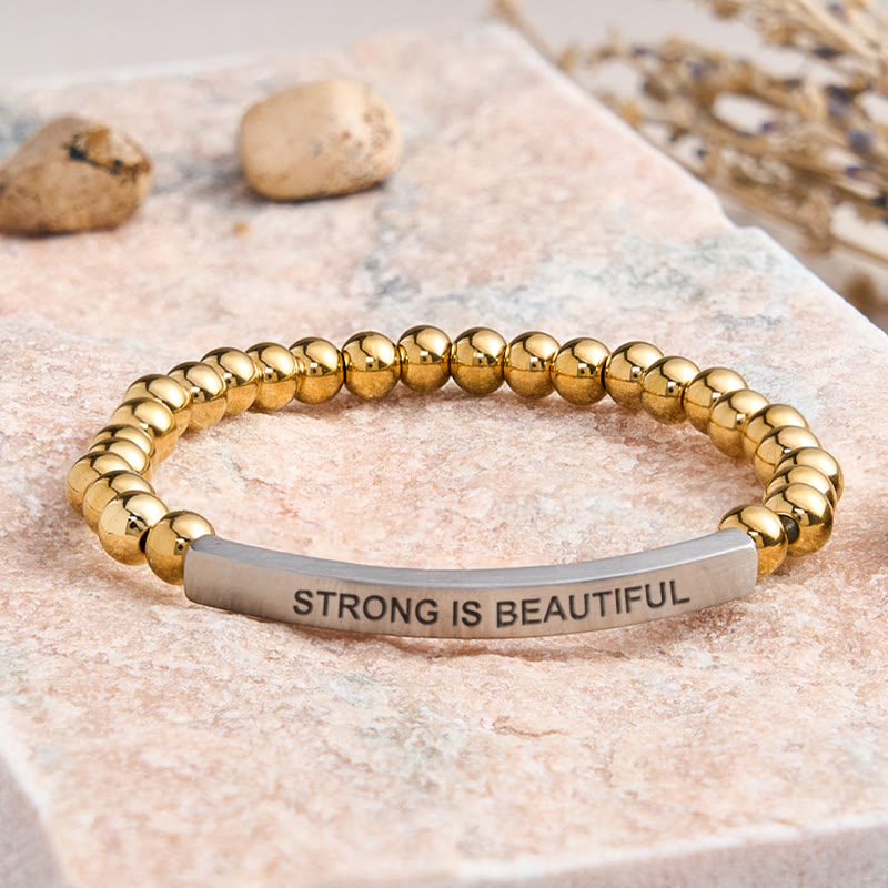FuAttract Strong Is Beautiful Bamboo Leaf Agate Tube Engraved Bracelet - Stainless Steel - Silver - image 19