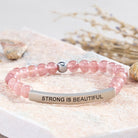 FuAttract Strong Is Beautiful Bamboo Leaf Agate Tube Engraved Bracelet - Strawberry Quartz - Silver - image 27