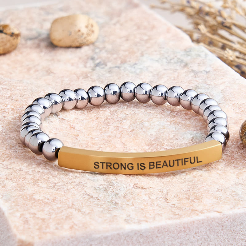 FuAttract Strong Is Beautiful Bamboo Leaf Agate Tube Engraved Bracelet - Hematite - Gold - image 34