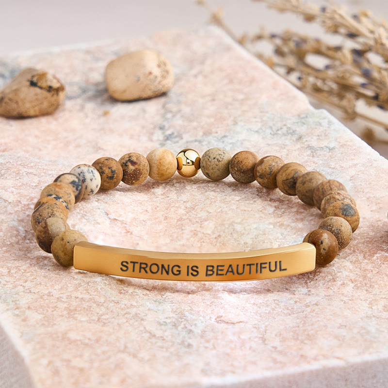 FuAttract Strong Is Beautiful Bamboo Leaf Agate Tube Engraved Bracelet - Picture Jasper - Gold - image 42