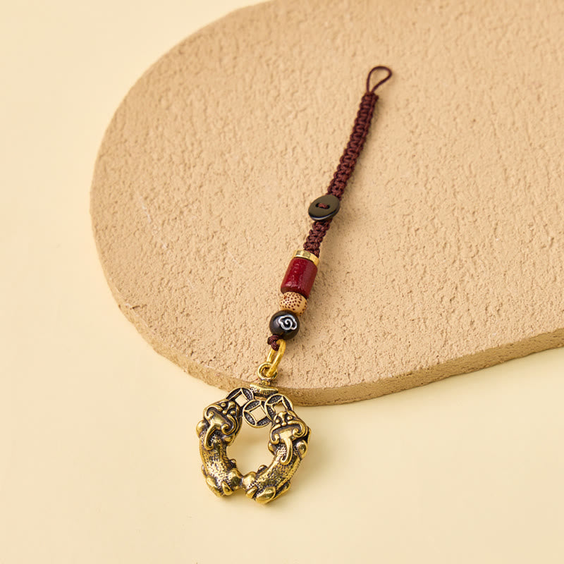FuAttract Wealth & Protection  Brass Double Pixiu Money Biting Keychain With Auspicious Cloud - image 0