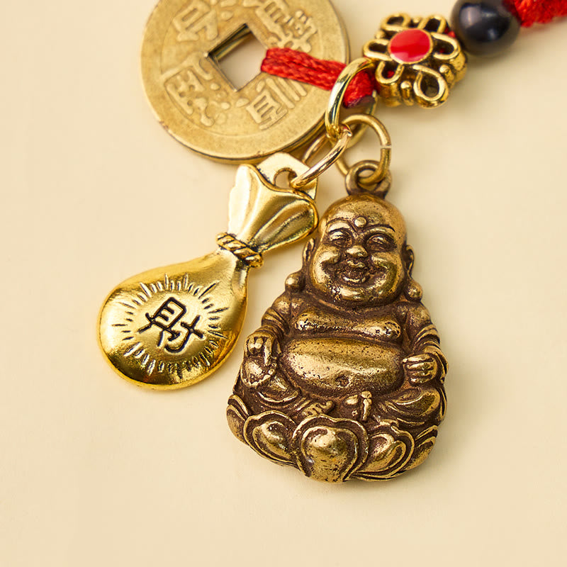 FuAttract Prosperity Luck & Protection Brass Maitreya Buddha Pendant Five Keychain With Emperor Coins Fortune Bag - image 1