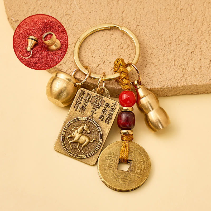 FuAttract Brass Chinese Zodiac Hundred Blessings Jar Guardian Buddha Five Emperor Coins Calabash Keychain - Horse - image 0