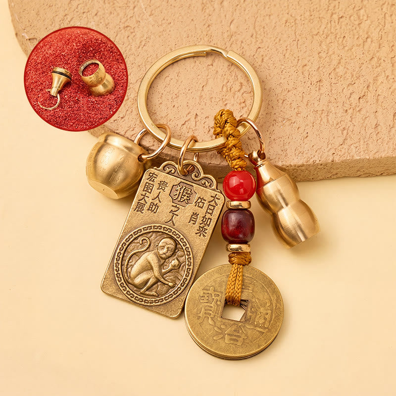 FuAttract Brass Chinese Zodiac Hundred Blessings Jar Guardian Buddha Five Emperor Coins Calabash Keychain - Monkey - image 22