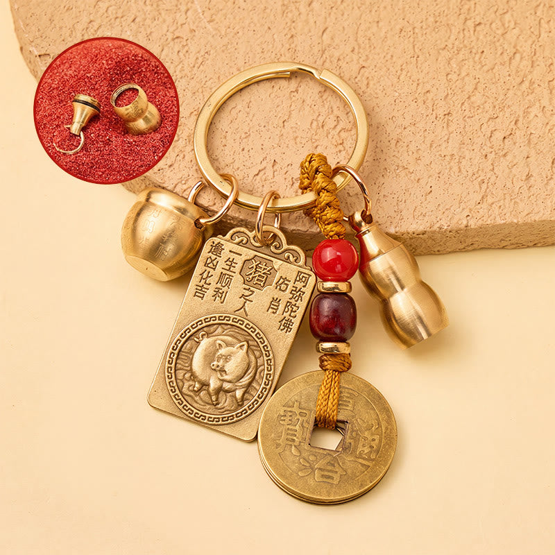 FuAttract Brass Chinese Zodiac Hundred Blessings Jar Guardian Buddha Five Emperor Coins Calabash Keychain - Pig - image 28