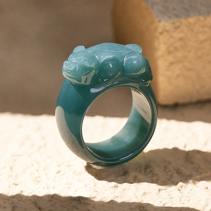 FuAttract Prosperity Protection & Harmony Natural Blue Jadeite Carved Pixiu Ring - 22mm - image 0
