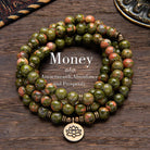 FuAttract Clarity & Good Fortune 108 Unakite Mala Beads Bracelet Necklace With Lotus Pendant - 8mm - image 0
