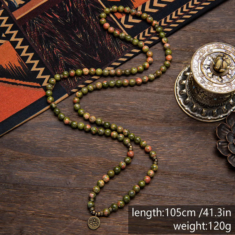 FuAttract Clarity & Good Fortune 108 Unakite Mala Beads Bracelet Necklace With Lotus Pendant - image 6