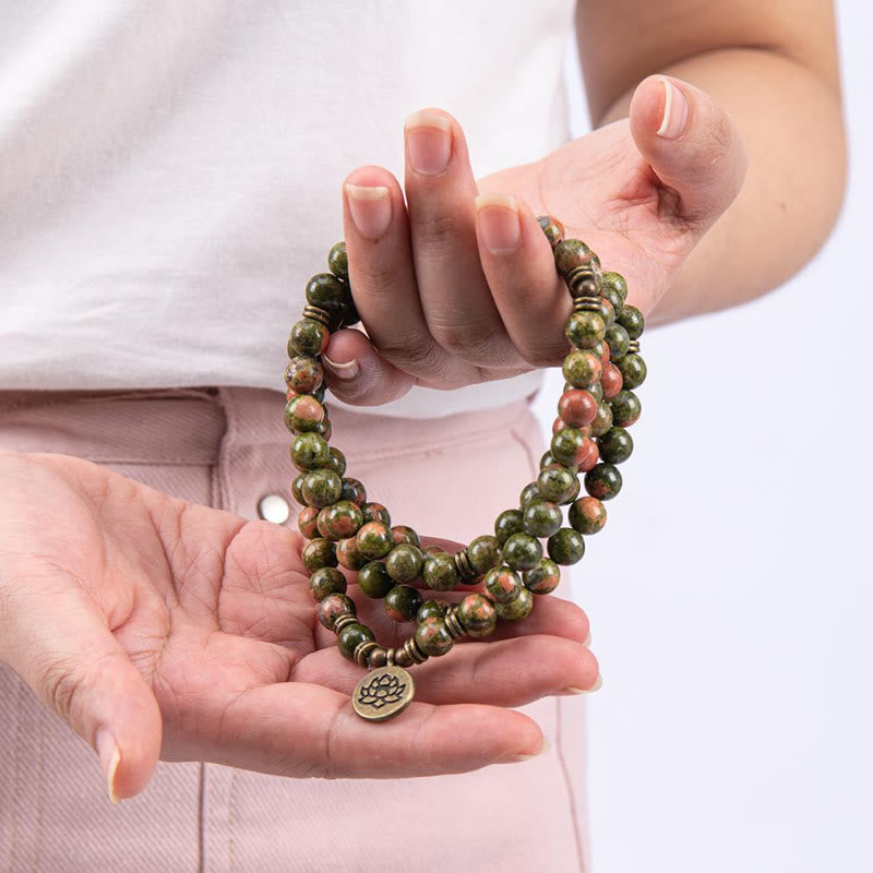 FuAttract Clarity & Good Fortune 108 Unakite Mala Beads Bracelet Necklace With Lotus Pendant - image 4