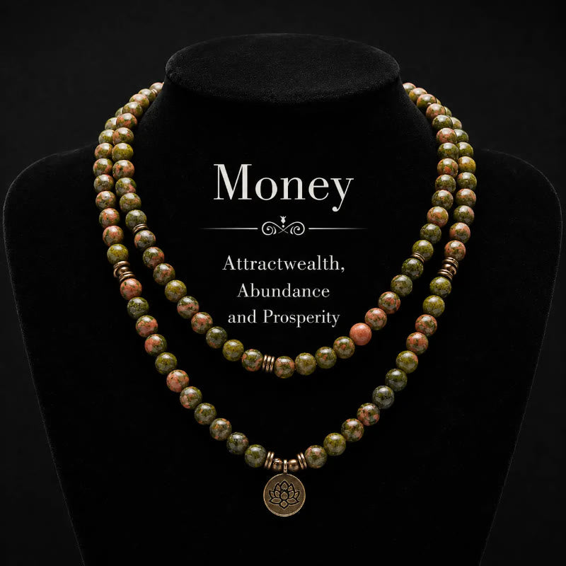 FuAttract Clarity & Good Fortune 108 Unakite Mala Beads Bracelet Necklace With Lotus Pendant - image 8
