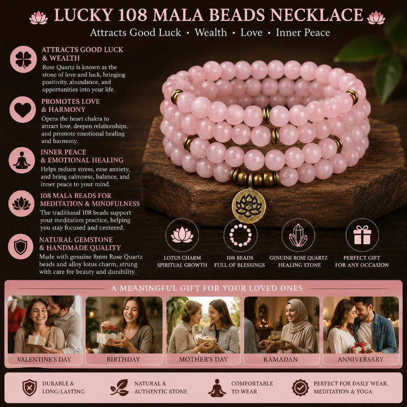 FuAttract Love Harmony & Emotional Balance 108 Rose Quartz Mala Beads Bracelet Necklace With Lotus Pendant - image 7